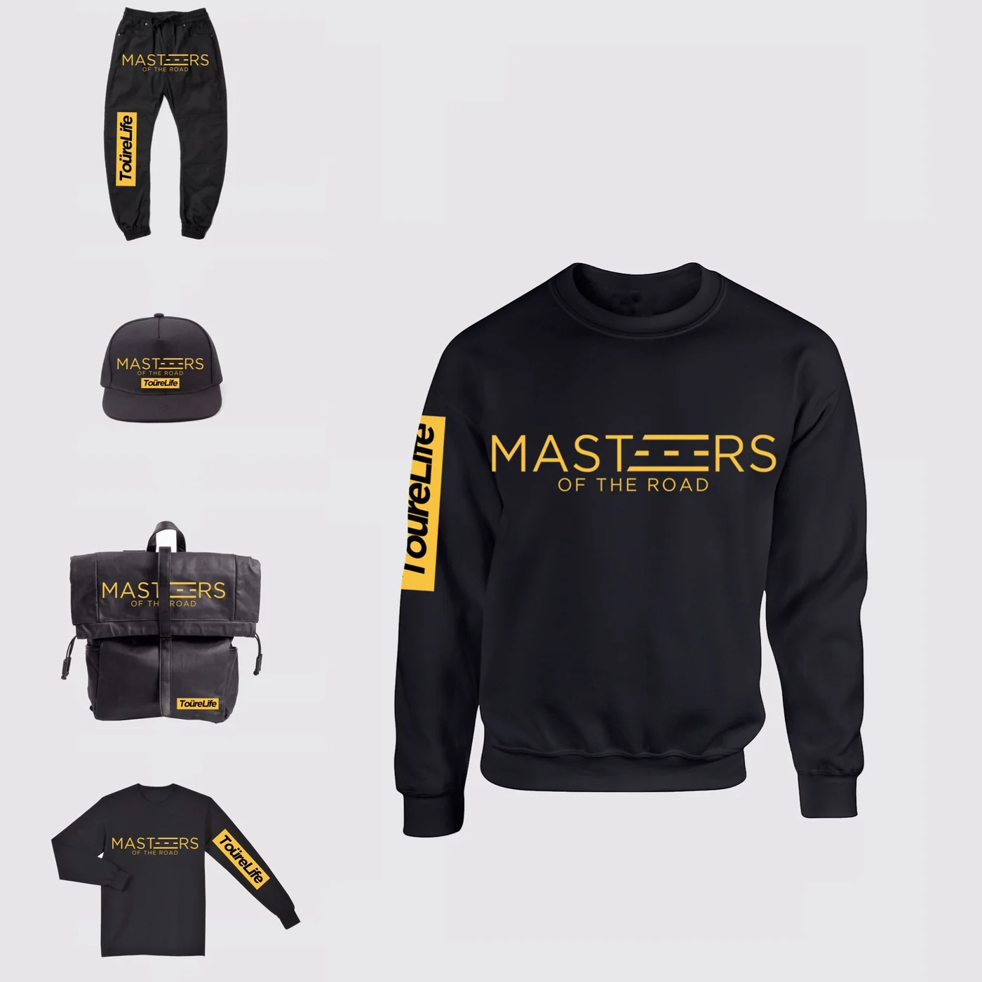 The MOTR x ToureLife collection: crewneck, long sleeve, sweatpants, snapback and backpack in black and gold